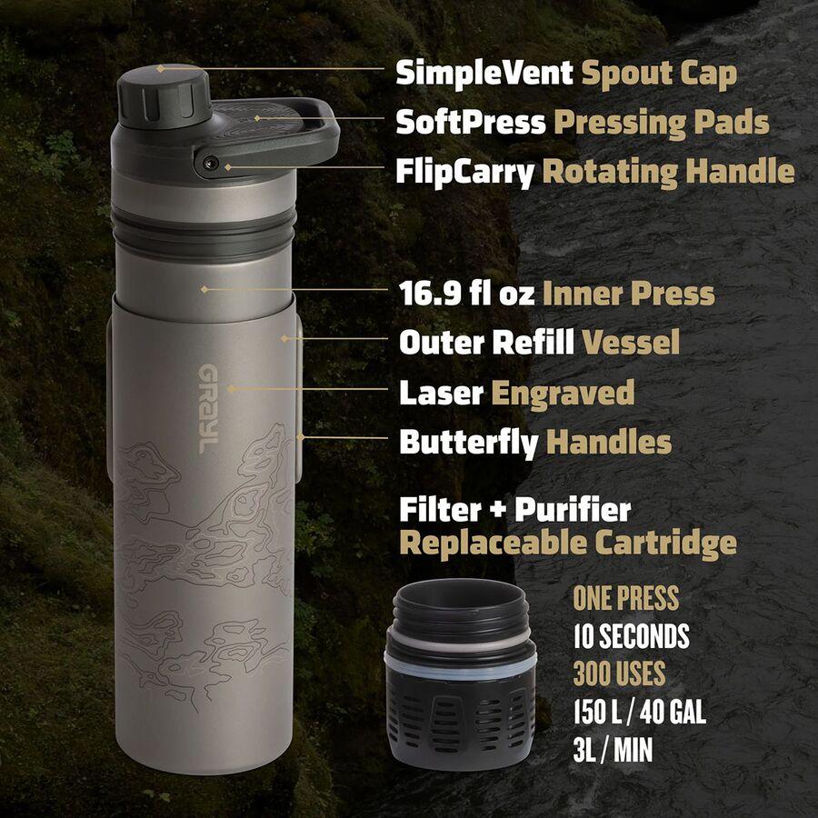 Grayl UltraPress Titanium Filter & Purifier Bottle - 16.9oz Covert Black