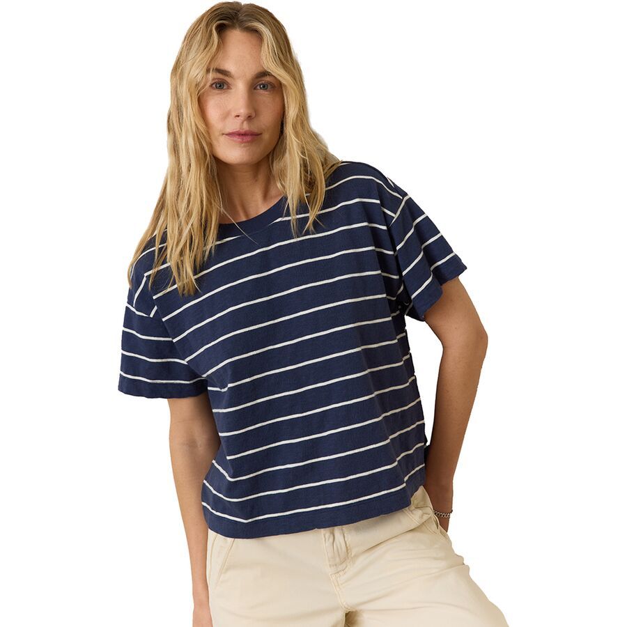 Marine Layer Heavy Slub Boxy Crew Crop T-Shirt - Women's Navy/White Stripe
