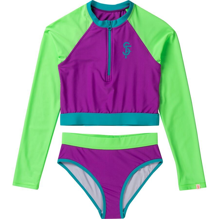 Seafolly Long-Sleeve Rashguard Swimsuit Set - Girls' Carnivale Col Block