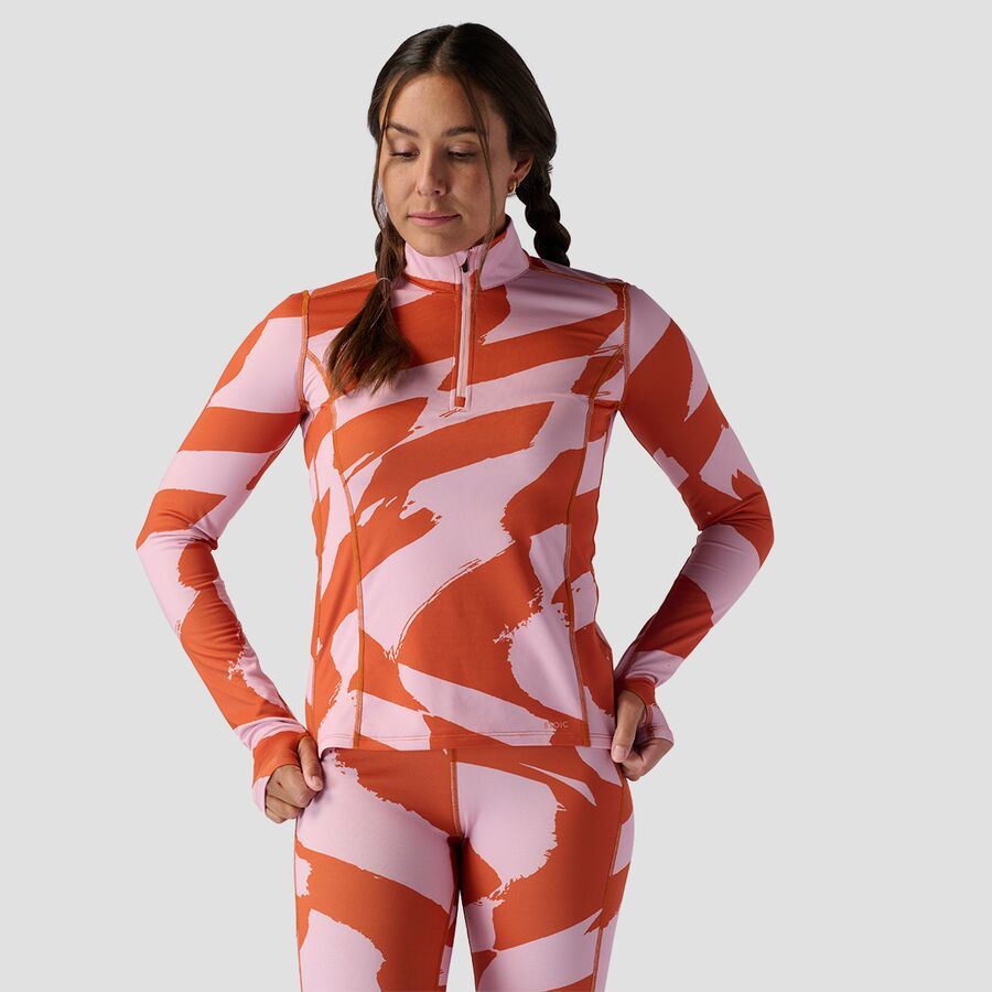 Stoic Lightweight Poly 1/4-Zip Baselayer Top - Women's Pink/Rust Wavy Checker Print